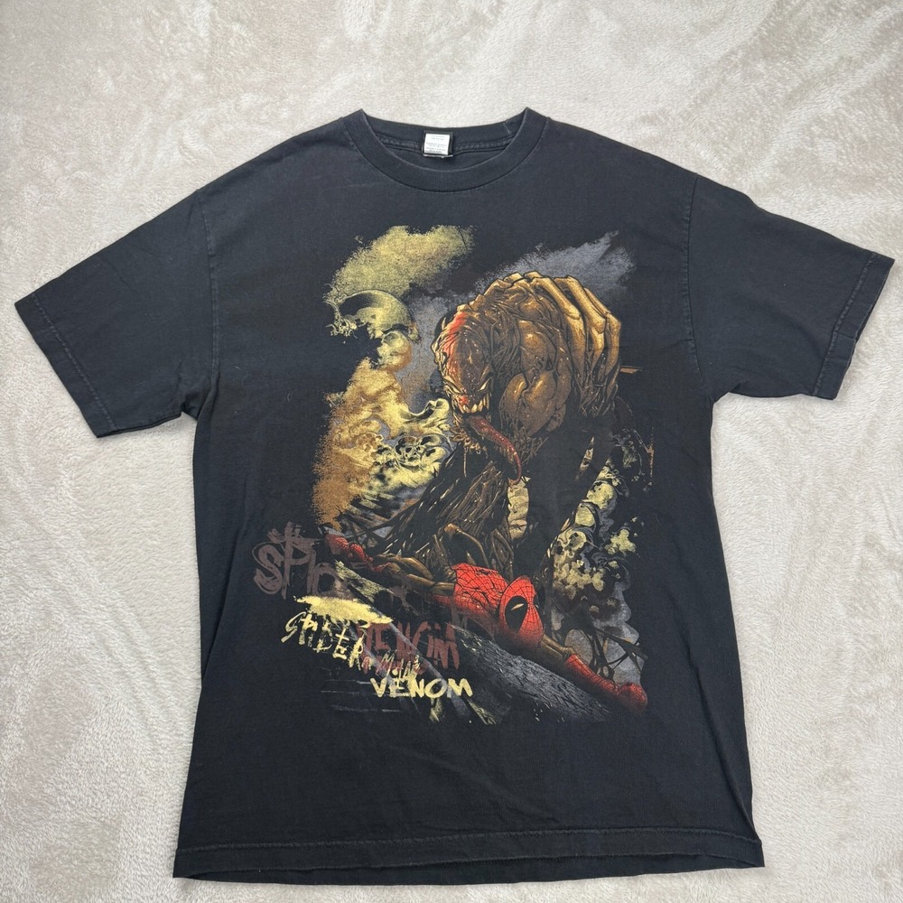 Vintage Y2K Marvel Mad Engine Spiderman and‎ Venom Shirt Mens L Black Preowned